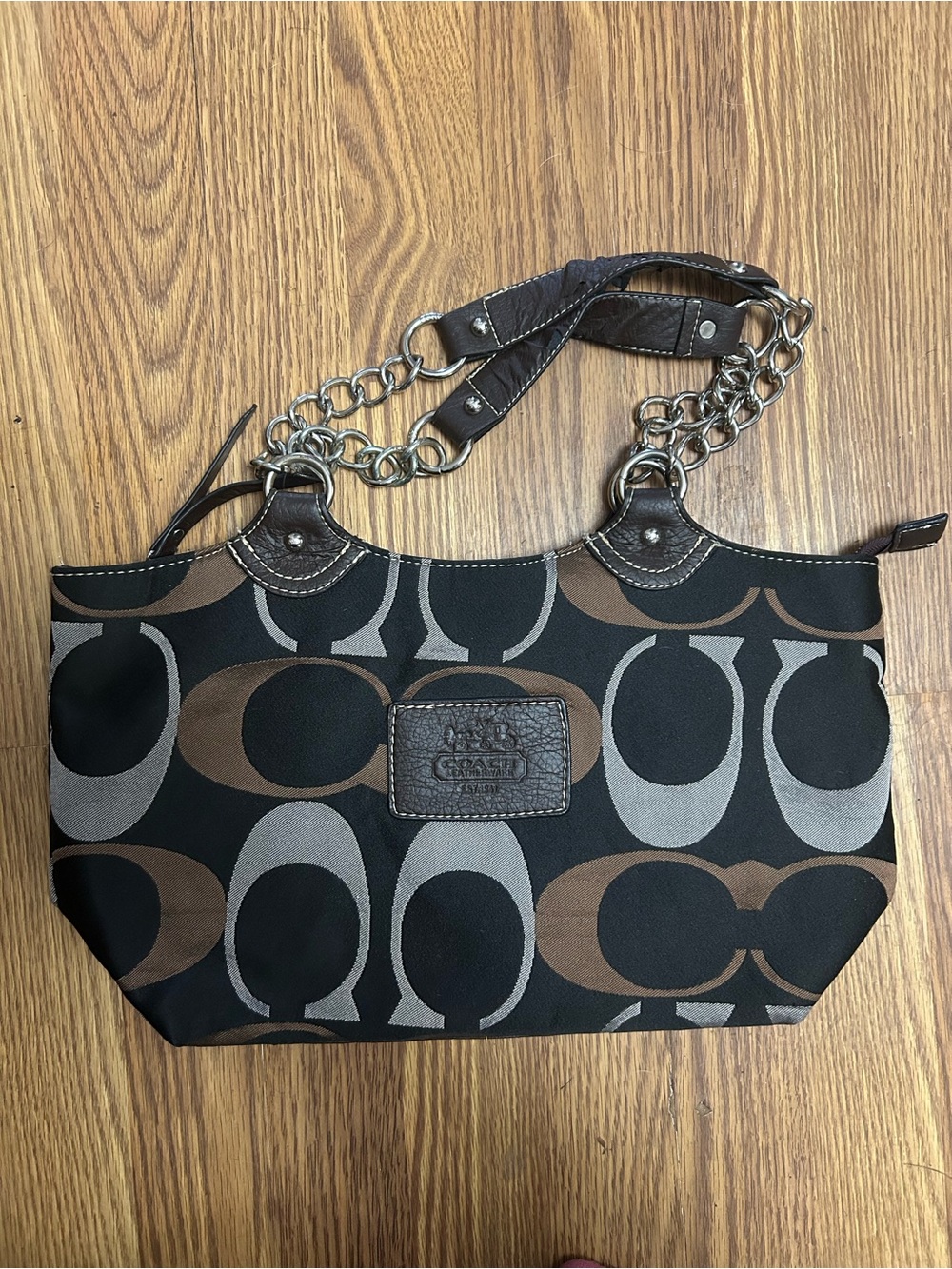 Coach Black and Brown Signature Jacquard Shoulder Bag with Silver Chain Handles
